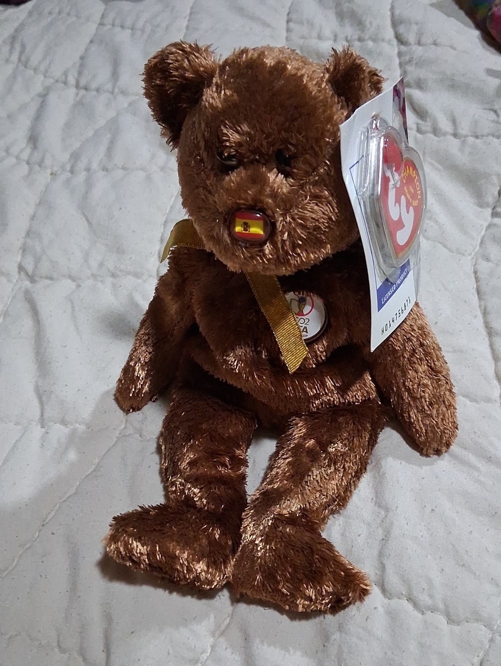 Ty Brown Plush Teddy Bear with Gold Ribbon SPAIN 2002 FIFA WORLD CUP